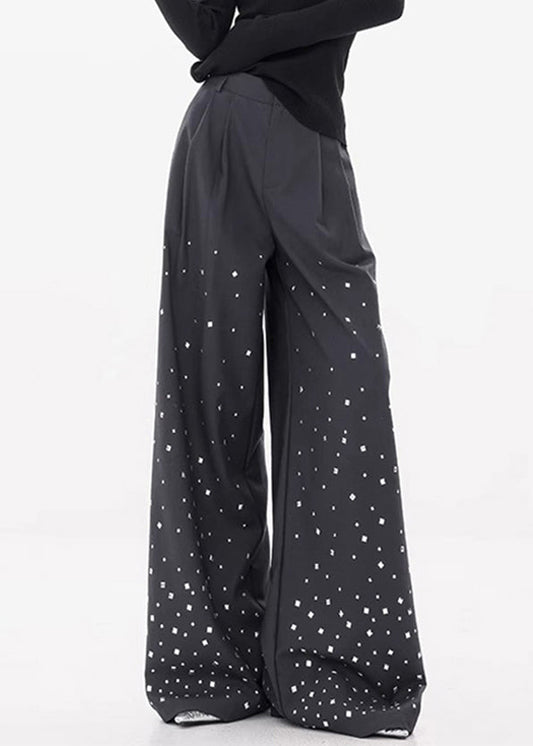 Stylish Dark Gray Zircon High Waist Spandex Wide Leg Pants Fall