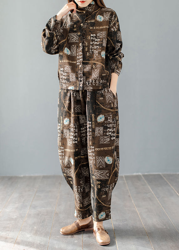 Mulberry Stand Collar Print Coats and Harem Pants Two Pieces Set Long Sleeve