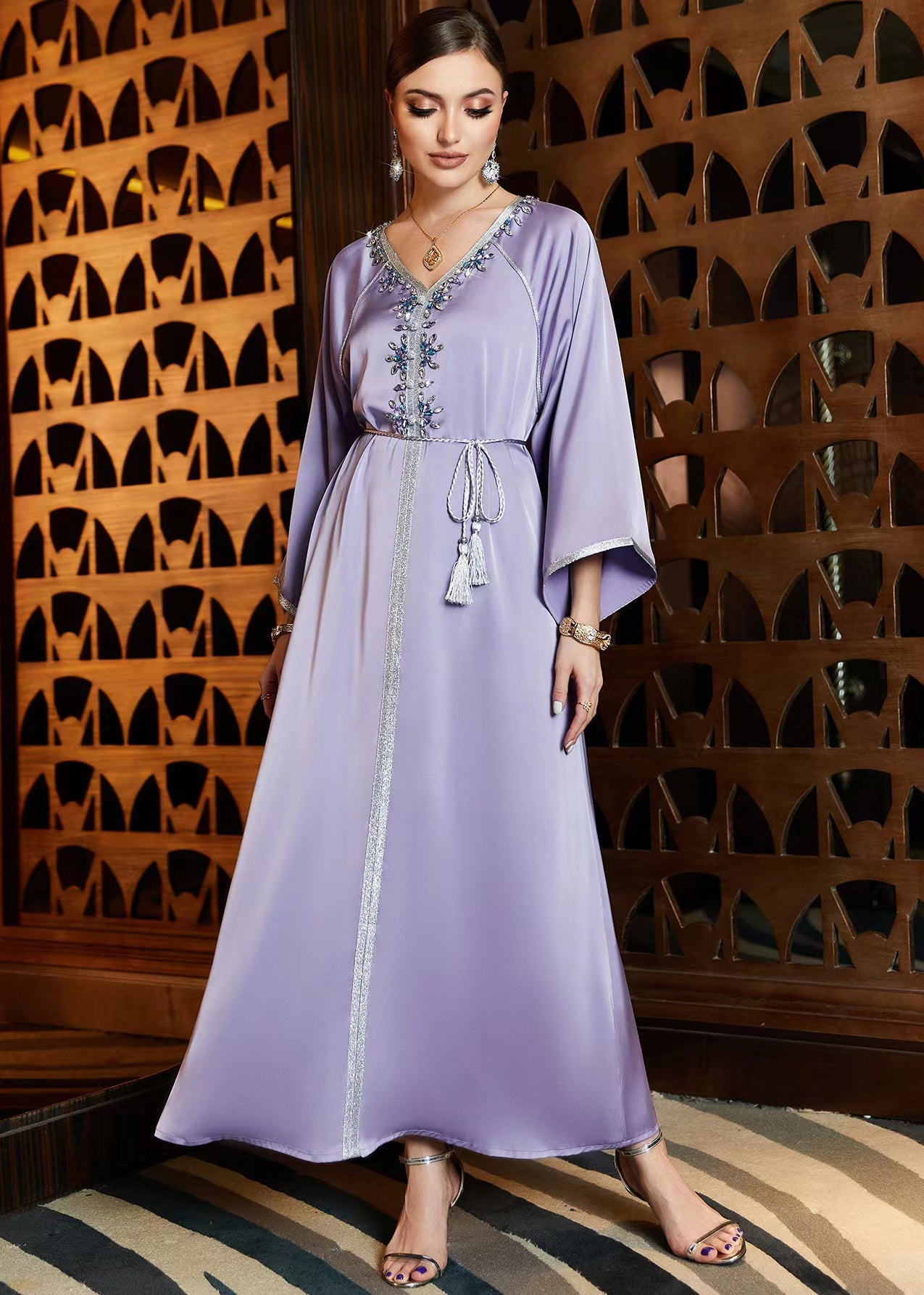 Diy Purple V Neck Patchwork Tie Waist Chiffon Maxi Dress Fall