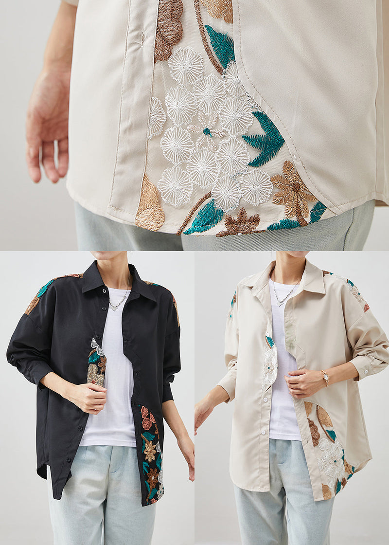 Beige Patchwork Cotton Shirts Embroideried Fall