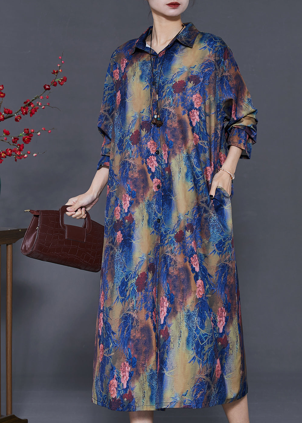 Blue Peter Pan Collar Tie Dye Silk Shirt Dress Summer