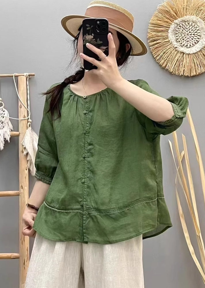 Beige O-neck Patchwork Cotton Shirt Top Summer