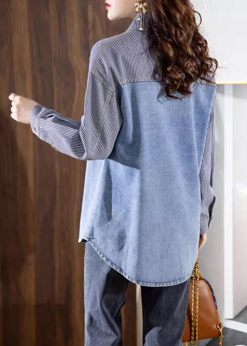Blue Peter Pan Collar Striped Patchwork Button Denimn Coats Fall