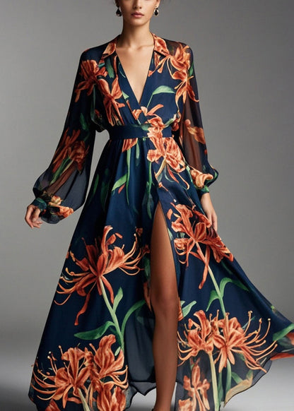 Navy V Neck Print Chiffon Beach Dresses Fall