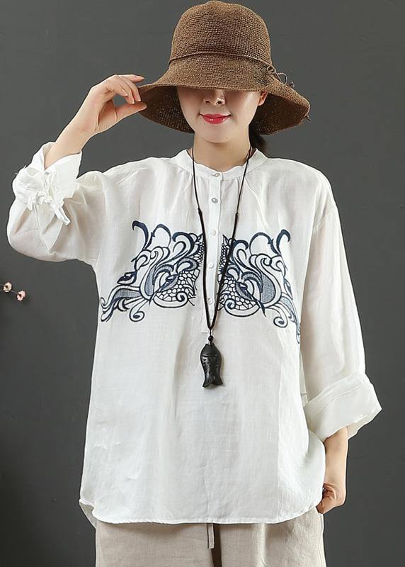 Art White Embroidery Tops Stand Collar Daily Spring Top