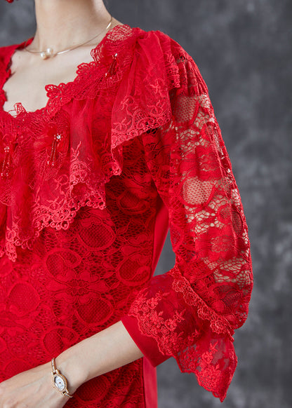 Red Hollow Out Nail Bead Lace Shirt Top Summer