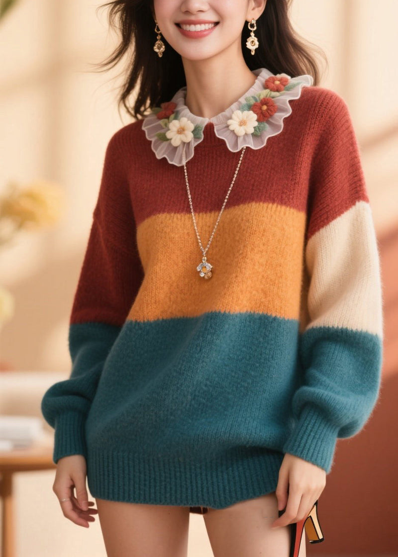 Style Colorblock O Neck Patchwork Knit Pullover Fall