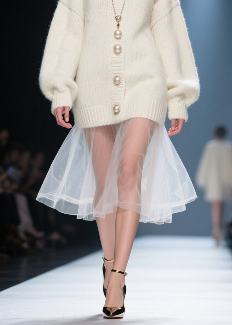 Beige O Neck Tulle Patchwork Long Knit Dress Fall