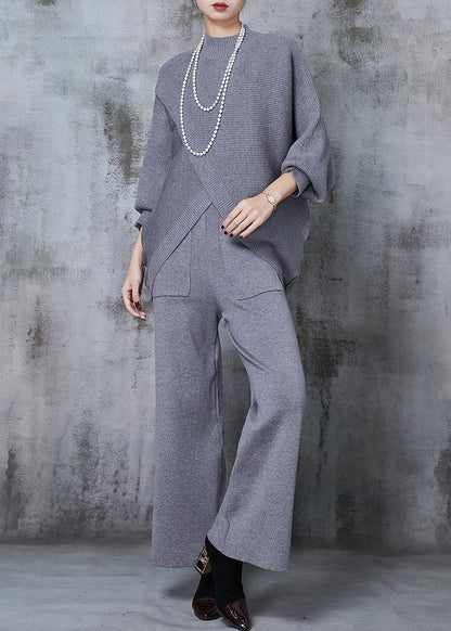Grey Asymmetrical Design Knit Two Pieces Set Batwing Sleeve