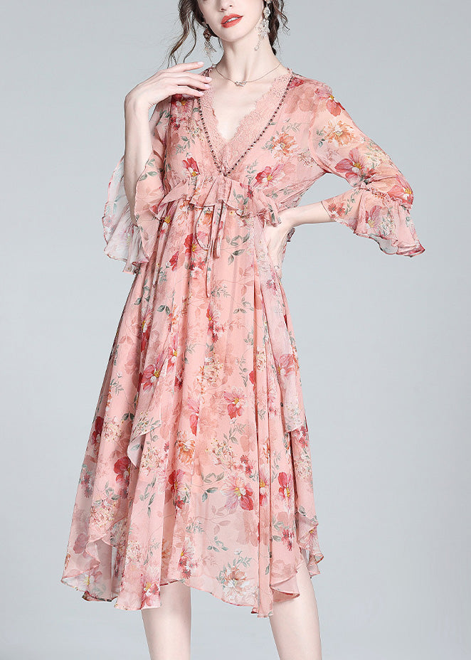 Pink V Neck Print Tie Waist Silk Long Dresses Spring