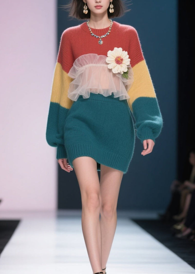 New Colorblock Tulle Ruffled Knit Sweater Dress Winter