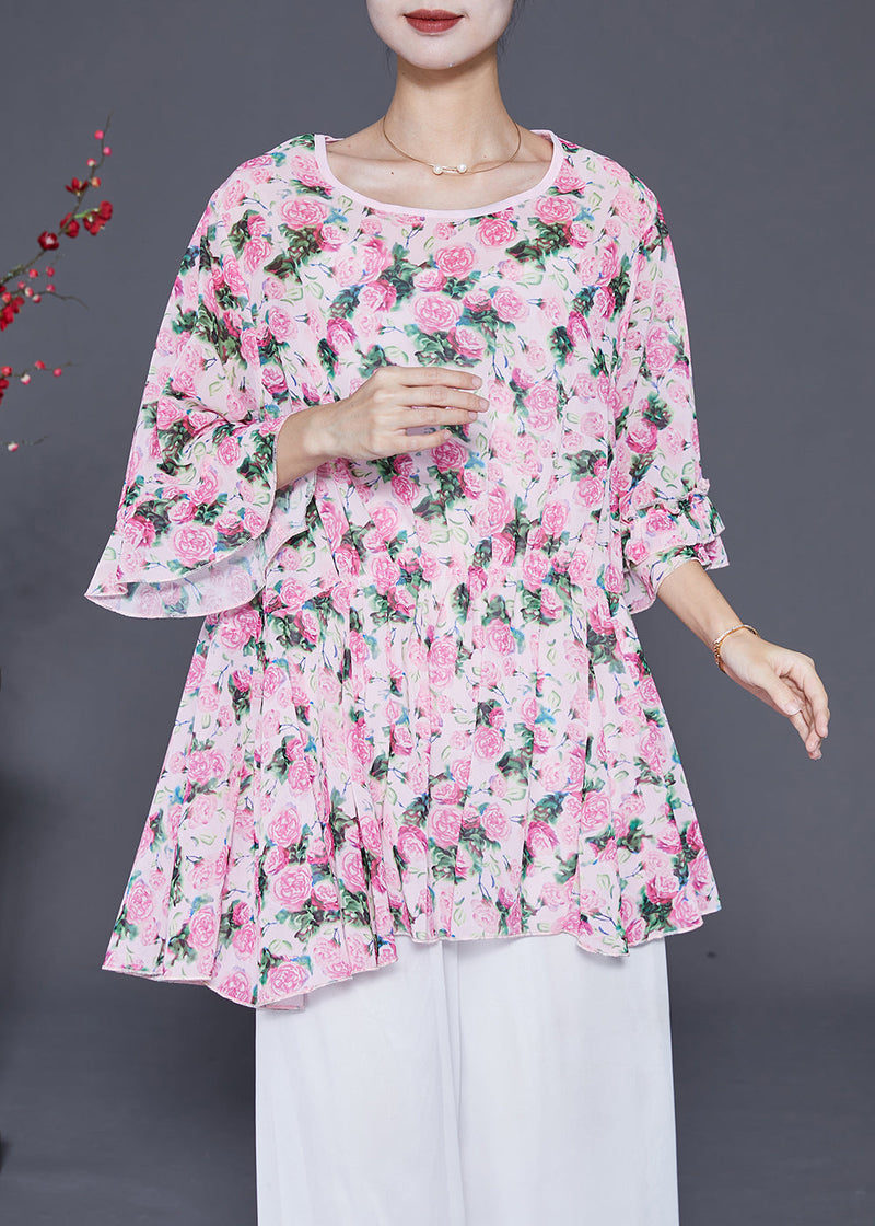 Pink Oversized Print Chiffon Tops Flare Sleeve