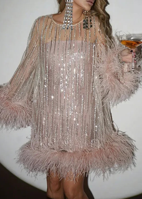 Light Pink Fluffy Sequins Patchwork Tulle Mid Dress Spring