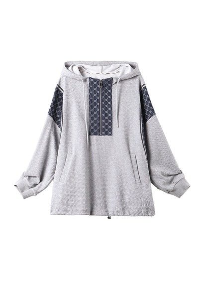 Grey Zip Up Hooded Patchwork Cotton Top Fall