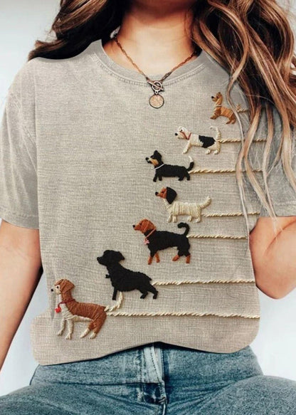 Grey O Neck Animal Cotton T Shirt Tops Summer
