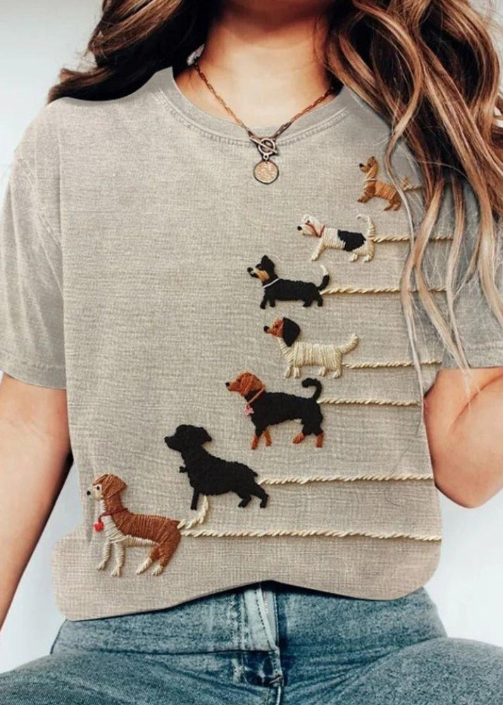 Grey O Neck Animal Cotton T Shirt Tops Summer