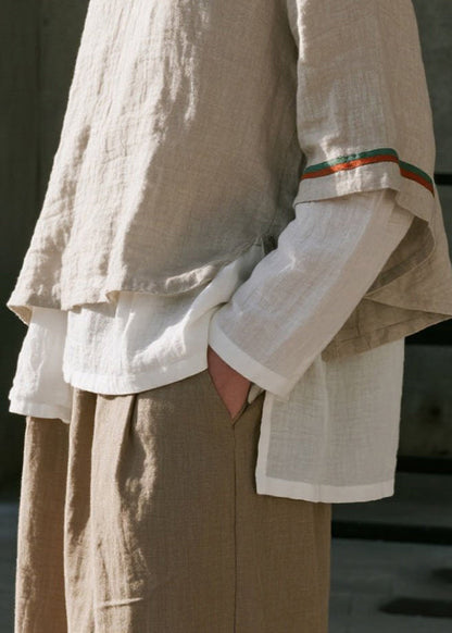 Apricot Oversized Patchwork Cotton Fake Two Piece Shirts Spring