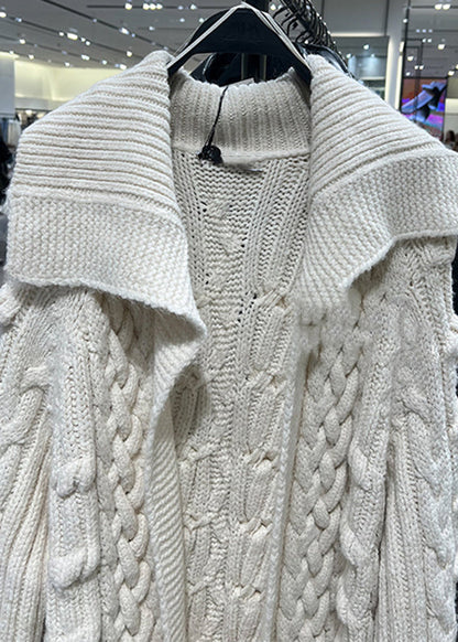 Stylish Beige Peter Pan Collar Cable Knit Cardigans Spring