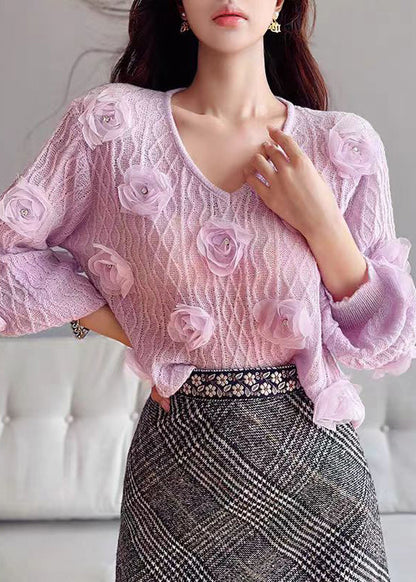 Purple V Neck Knit Sweater Lantern Sleeve Fall