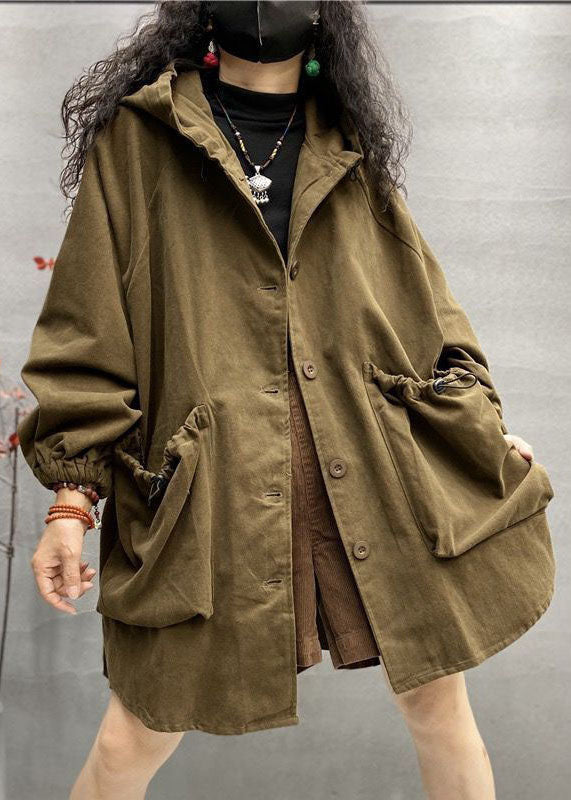 Khaki Hooded Drawstring Big Pockets Cotton Coats Spring