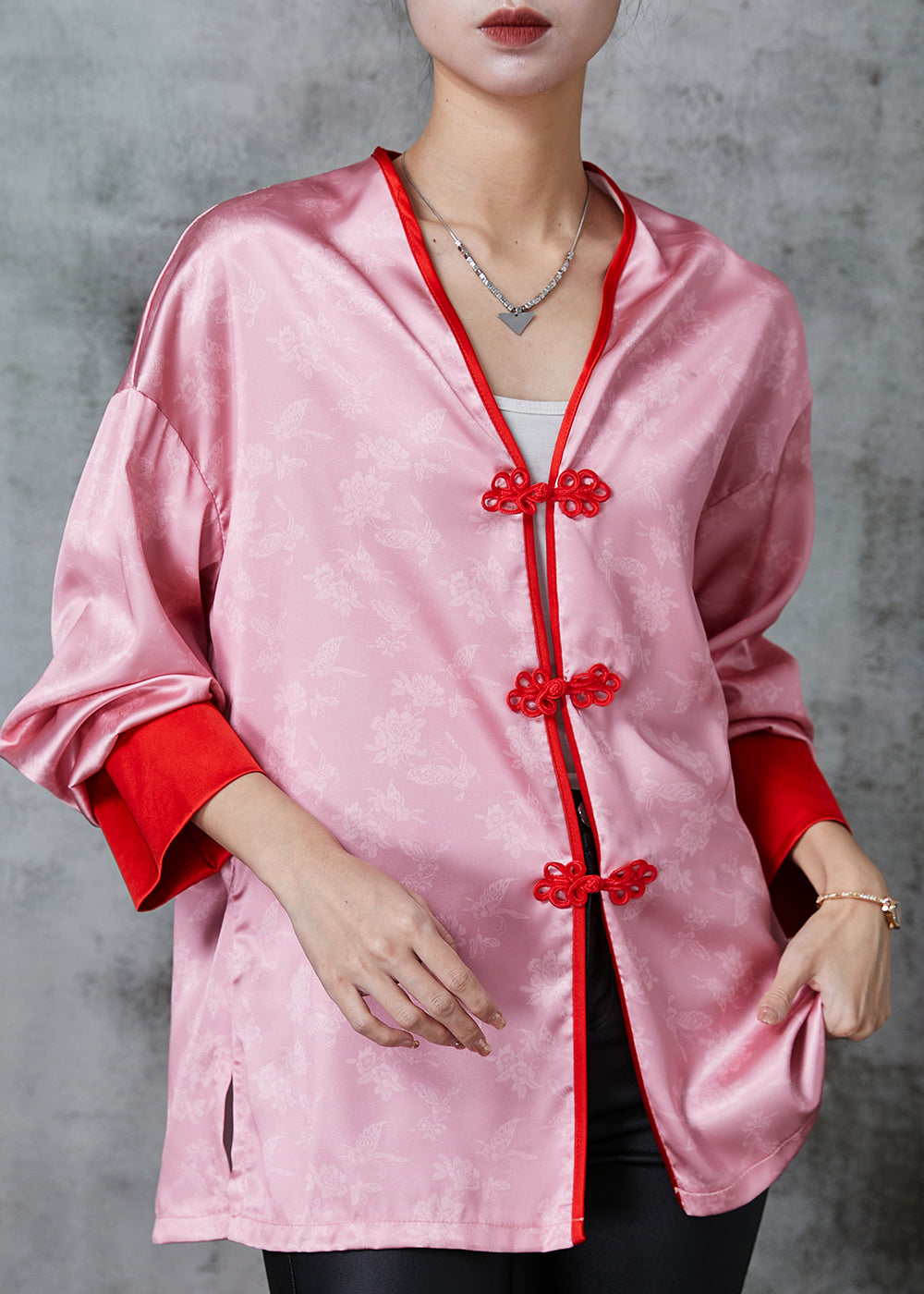 Pink Chinese Button Print Silk Blouse Tops Spring