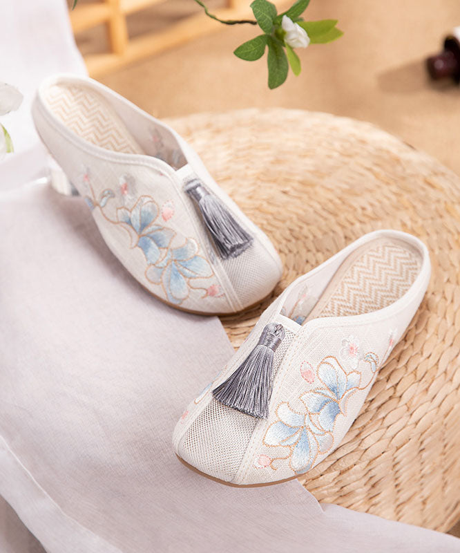 White Flat Slide Sandals Linen Fabric Embroidery Tassel