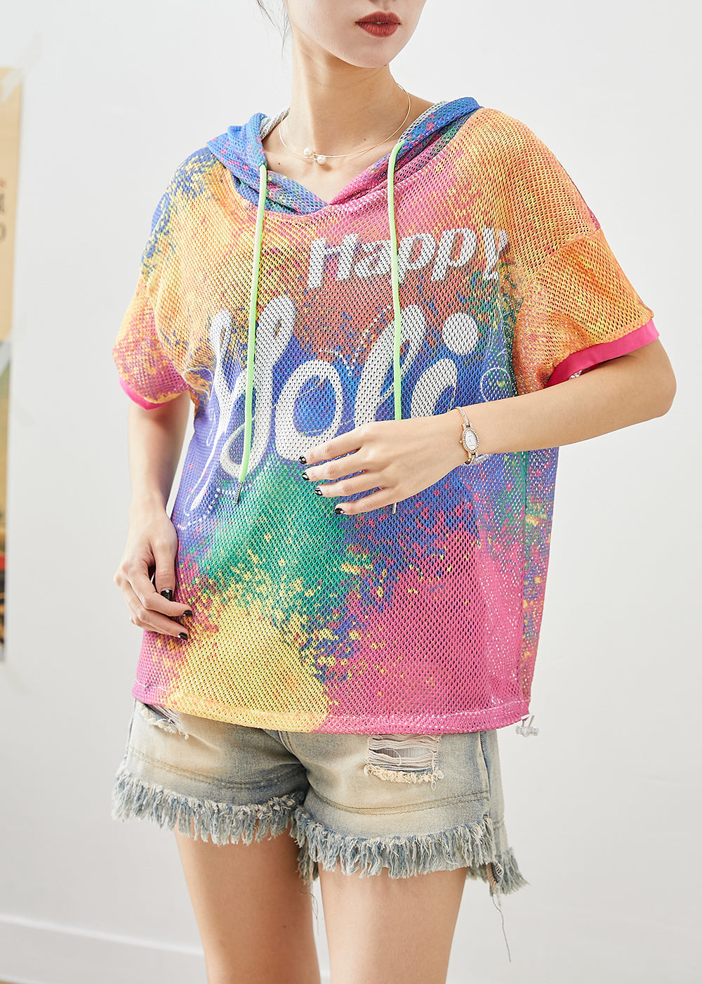 Diy Chromatic Hooded Tie Dye Tulle Loose Sweatshirts Top Summer
