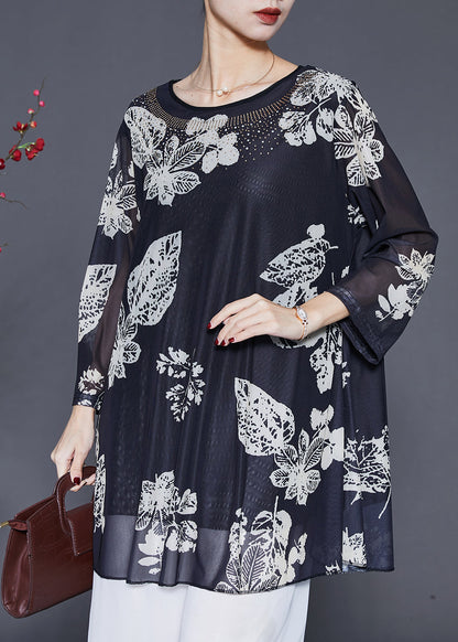 Black Oversized Print Silk Shirts Spring