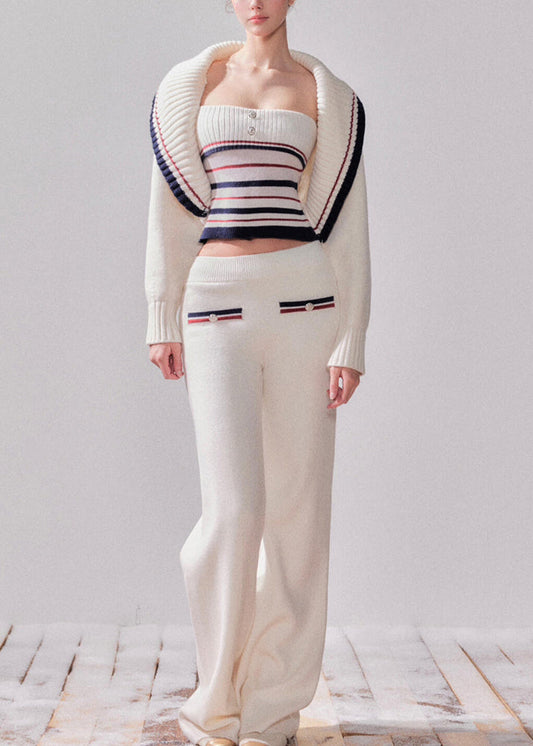 Novelty White Striped Patchwork Cotton Knit Cardigans, Top and Straight Pantstwo Pieces Sets Fall