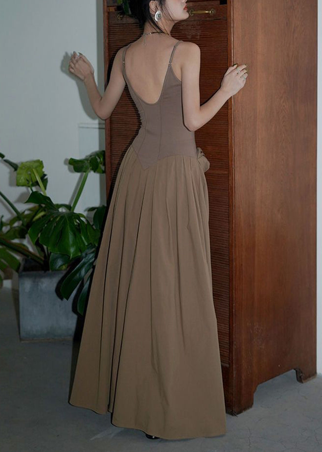 Brown Ruffled Patchwork Cotton Spaghetti Strap Dresses Summer