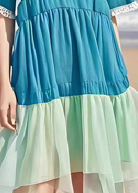 Blue V Neck Patchwork Wrinkled Linen Dress Summer