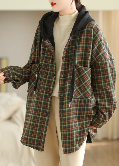 Green Pockets Plaid Loose Warm Fleece Jacket Hooded Winter