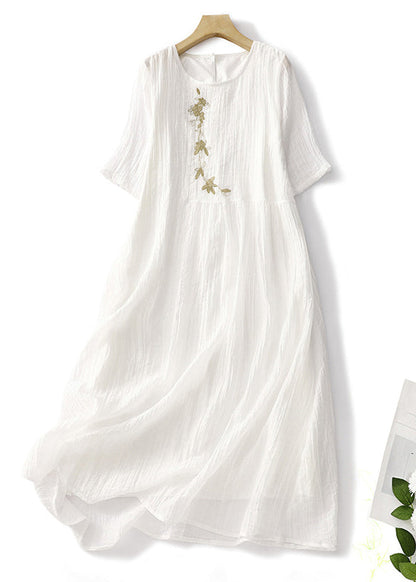 White Embroidered Linen Long Dresses Summer