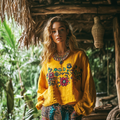 Comstylish Retro Bohemian Floral Art Embroidery Print Cotton And Linen Blend Loose Blouse