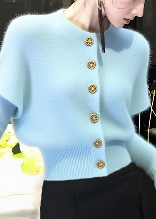 Blue O Neck Button Knit Short Sweater Winter
