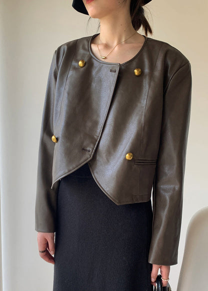 Brown O Neck Button Patchwork Faux Leather Jacket Fall