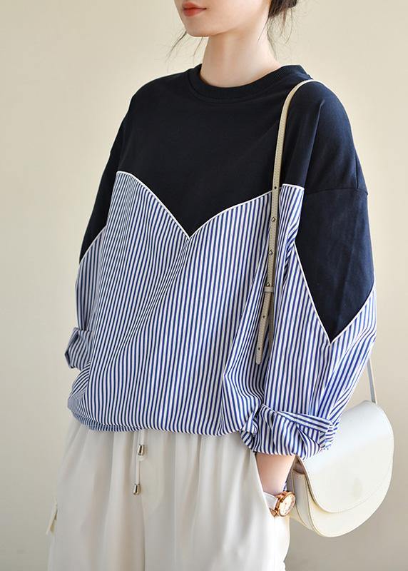 Fitted Navy Patchwork Striped Long Sleeve Spring Blouses