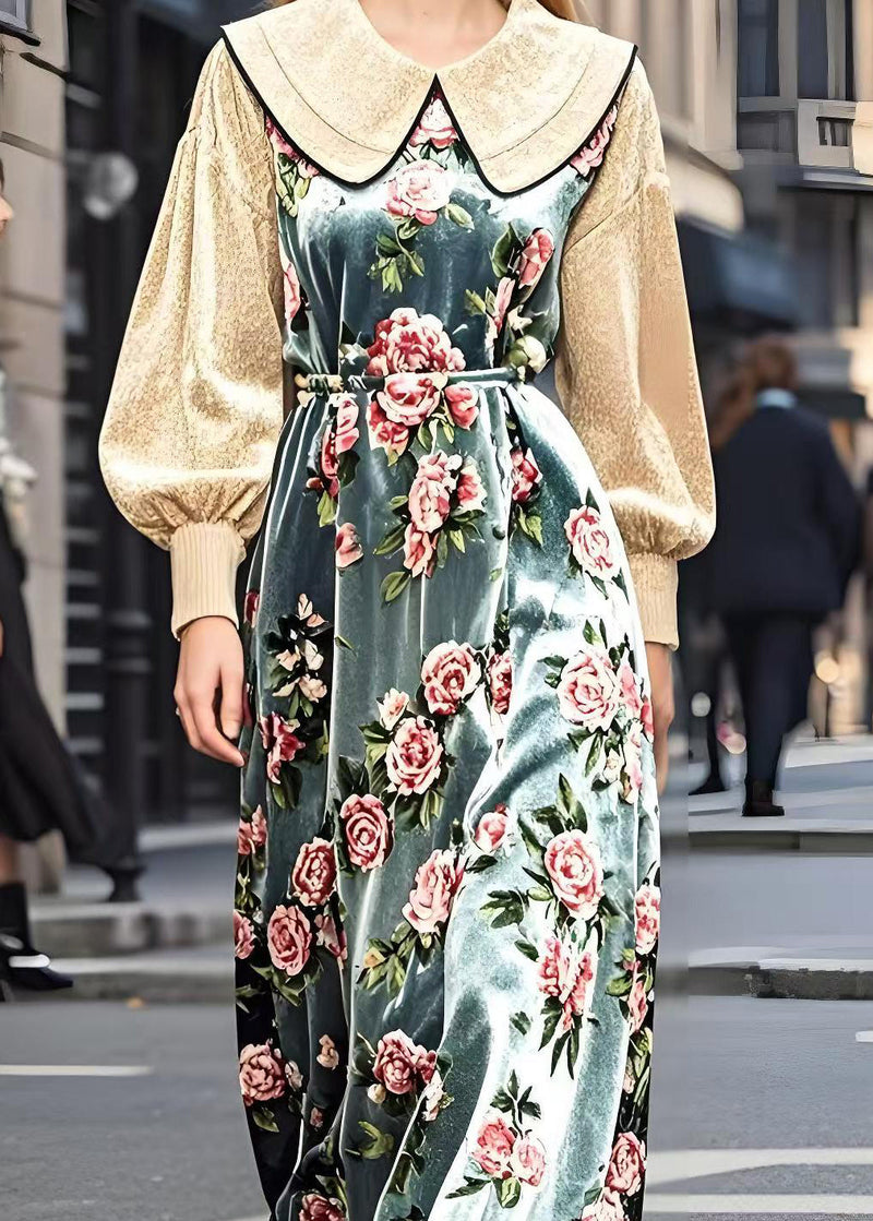 Beige Peter Pan Collar Patchwork Silk Velour Dresses Spring