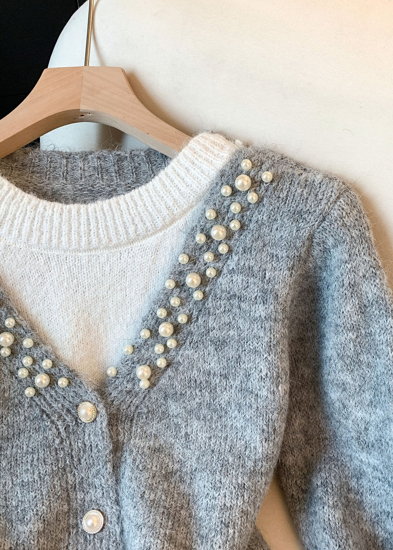 Loose Grey Button Pearl Cozy Patchwork Knit Sweater