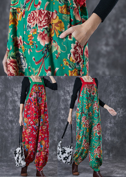 Green Oversized Print Cotton Overalls Jumpsuit Fall