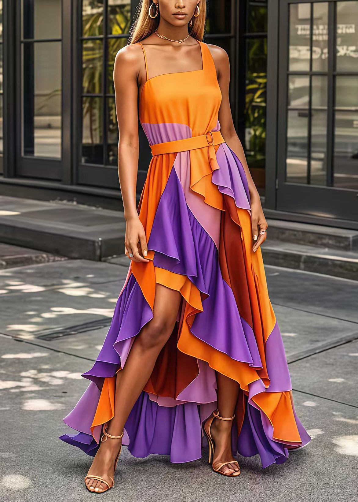 Orange Asymmetrical Patchwork Exra Large Hem Silk Long Dress Summer