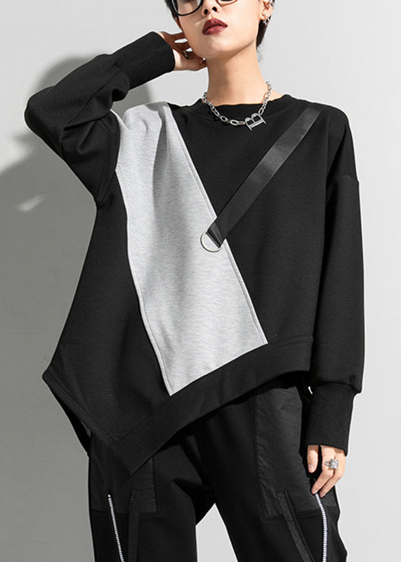 Brief Black Grey O-neck Asymmetrical Patchwork T Shirt Long Sleeve