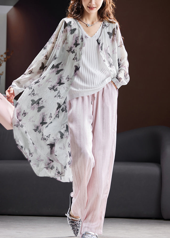 Organic Grey O Neck Print Chiffon Upf 50+ Coat Summer