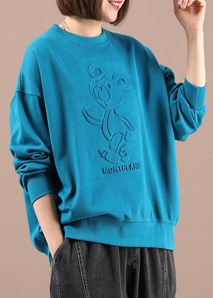 Blue O-neck Print Loose Fall Sweatshirts