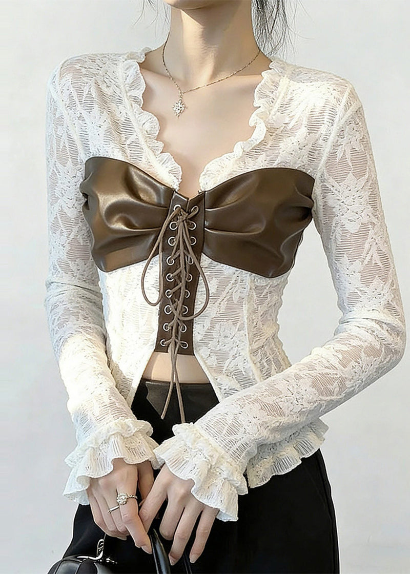 White Patchwork Cross Strap Lace Top Spring