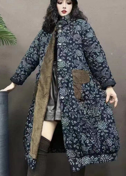 Navy Pockets Print Patchwork Warm Fleece Coats Winter