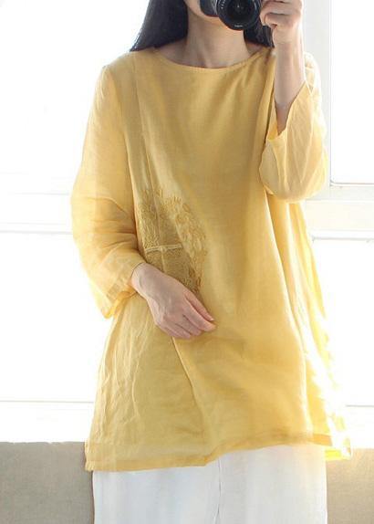 Organic Yellow Embroidery Tunic O Neck Sleeveless Art Shirts