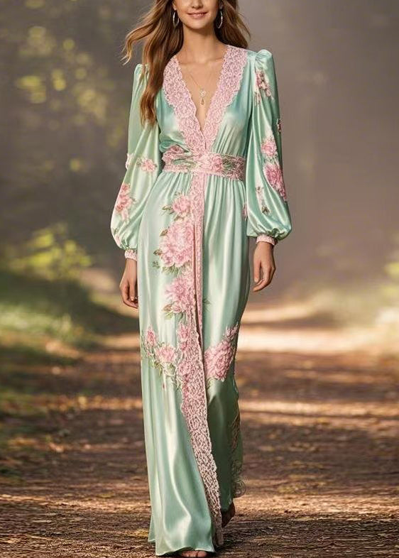 Green V Neck Print High Waist Silk Long Dress Spring