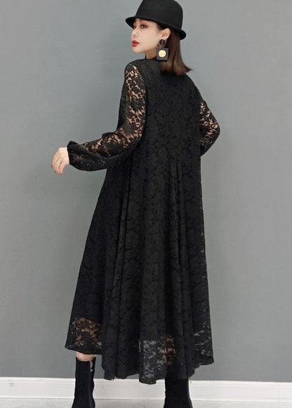 Black V Neck Hollow Out Lace Dresses Spring