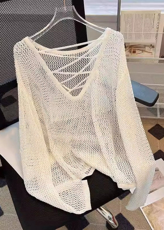 Beige Hollow Out Knit Tops Summer